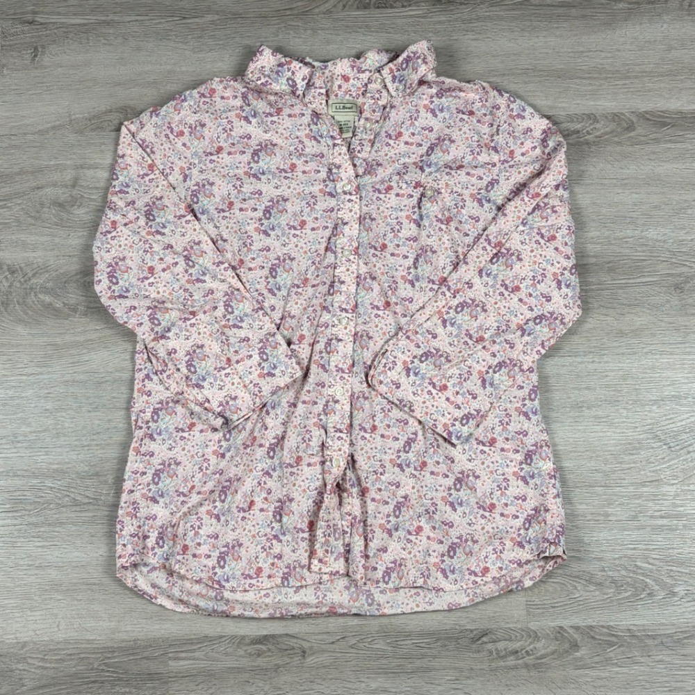 Vintage LL Bean Button Down Shirt Women M Pink Floral Cotton 3/4 Sleeve Blouse
